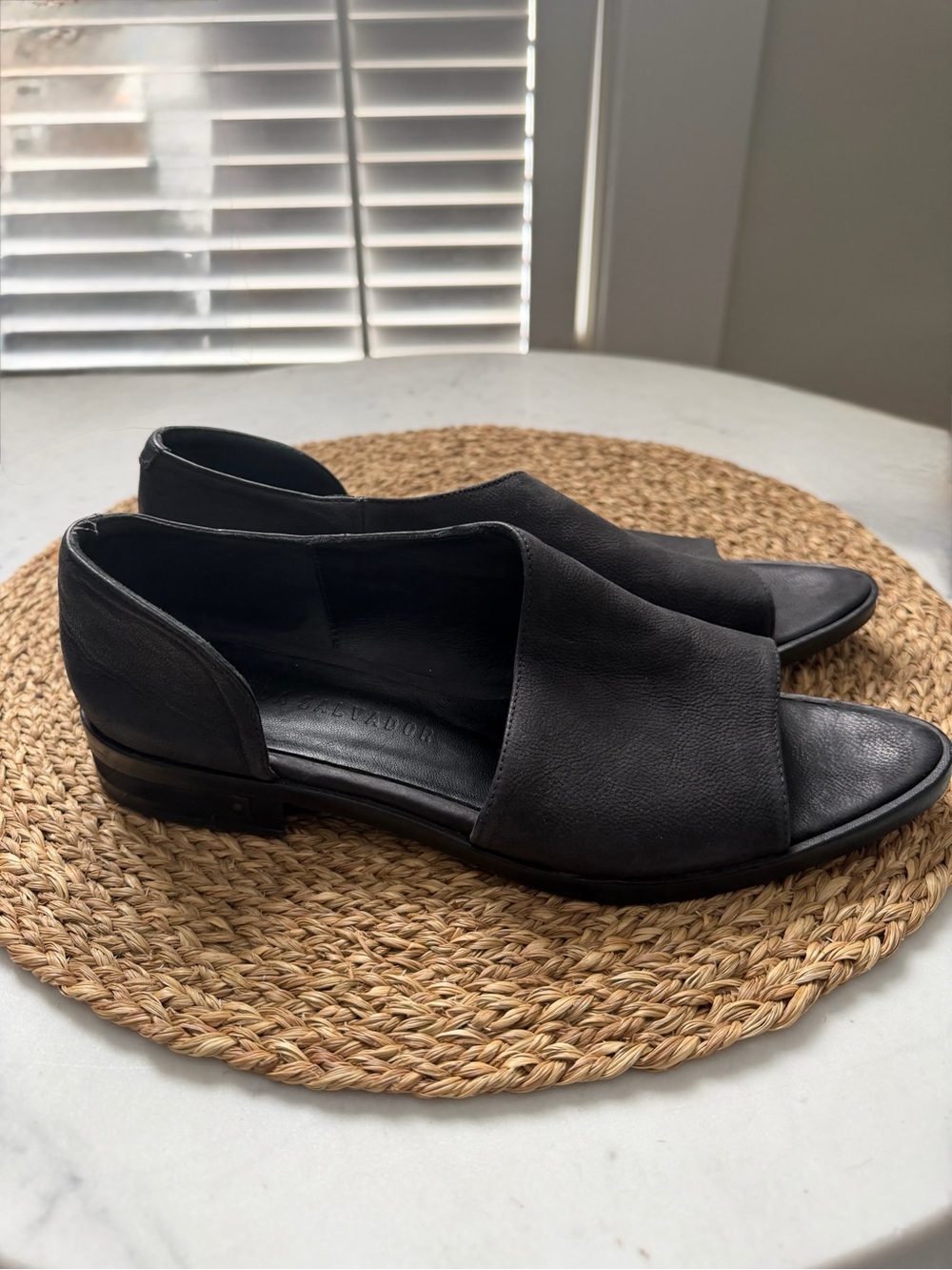 Freda Salvador Black Leather Open Toe Flats